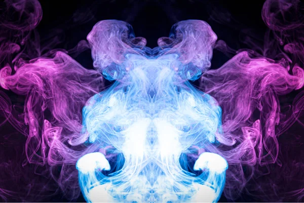 Fantasy print for clothes: t-shirts, sweatshirts.  Colorful blue and  pink  smoke in the form of a skull, monster, dragon on a black isolated background. Background from the smoke of vape