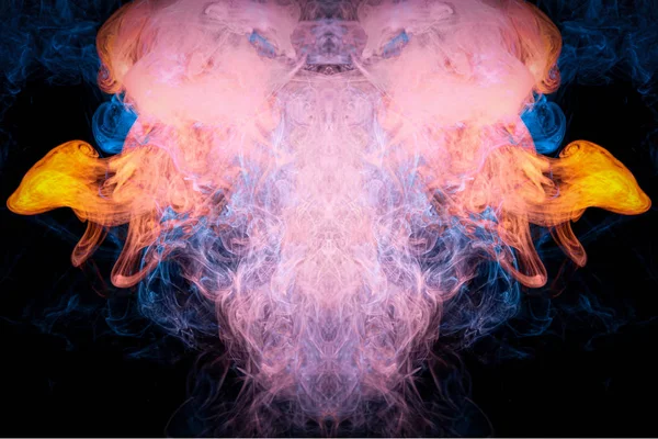 Fantasy print for clothes: t-shirts, sweatshirts.  Colorful blue and orange  smoke in the form of a skull, monster, dragon on a black isolated background. Background from the smoke of vap