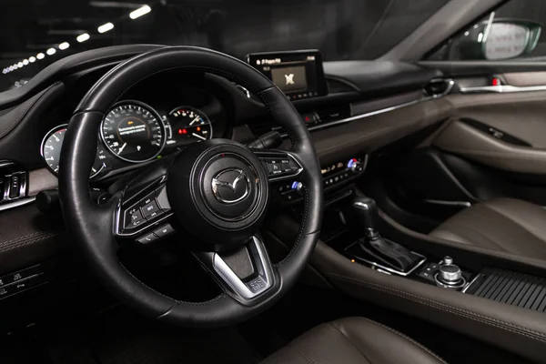 Novosibirsk Rusland December 2019 Mazda Auto Interieur Dashboard Speler Stuurwiel — Stockfoto