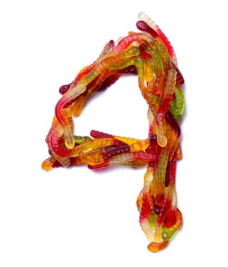 Beyaz izole bir zemin üzerinde çok renkli çiğneme marmelatının Arap rakamı 