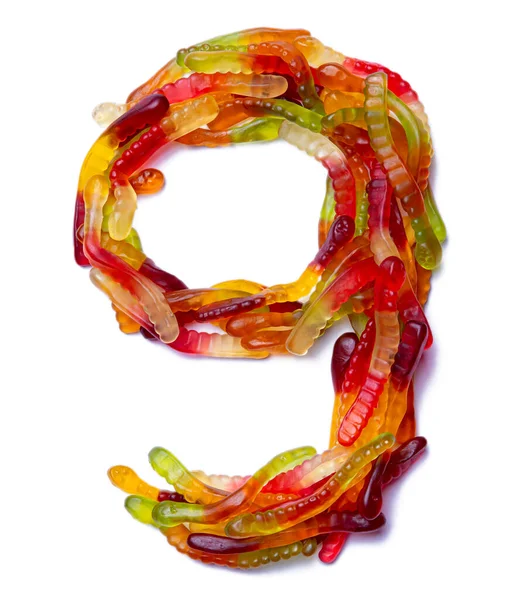 Арабская Цифра Разноцветного Жевательного Мармелада Белом Изолированном Фоне Пищевой Узор — стоковое фото