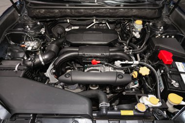 Novosibirsk, Russia  December 29, 2019:  Subaru Outback, Closeup of a clean motor block, . Internal combustion engine