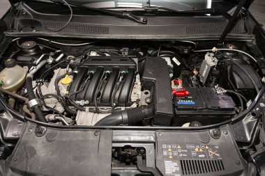 Novosibirsk, Russia  January 15, 2020: Renault Sandero, Closeup of a clean motor block, . Internal combustion engine