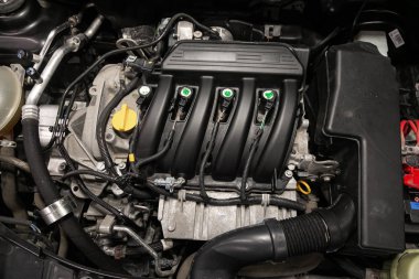 Novosibirsk, Russia  January 15, 2020: Renault Sandero, Closeup of a clean motor block, . Internal combustion engine