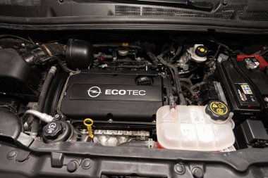 Novosibirsk, Russia  January 11, 2020:   Opel Mokka, Closeup of a clean motor block, . Internal combustion engine
