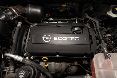 Novosibirsk, Russia  January 11, 2020:   Opel Mokka, Closeup of a clean motor block, . Internal combustion engine