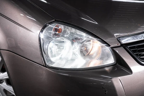 Novosibirsk, Russia  January 24, 2020:  Lada Priora,Detail light close up of on new car. Exterior detail  