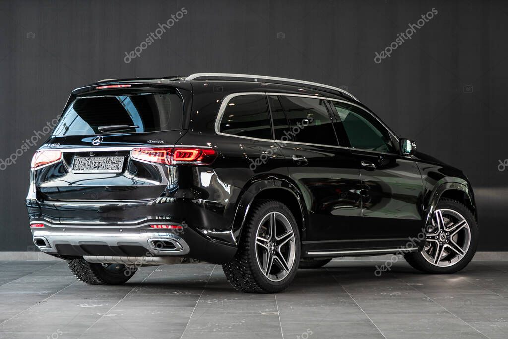 Novosibirsk, Russia  March 06, 2020:  new black Mercedes-Benz  GLS-Class,   back view.   Luxury  crossover made in Germany on a parking in Novosibirsk