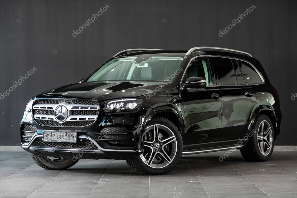 Novosibirsk, Russia  March 06, 2020:  new black Mercedes-Benz  GLS-Class,   front view.   Luxury  crossover made in Germany on a parking in Novosibirsk