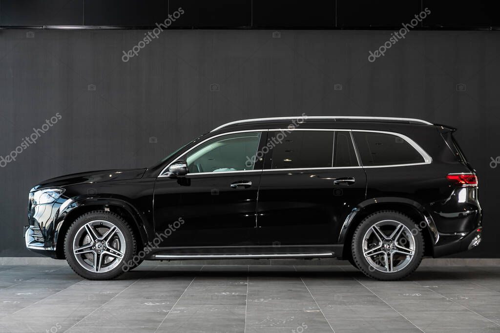 Novosibirsk, Russia  March 06, 2020:  new black Mercedes-Benz  GLS-Class,   side view.   Luxury  crossover made in Germany on a parking in Novosibirsk