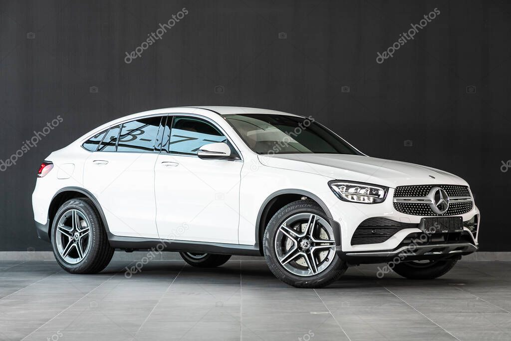 Novosibirsk, Russia  March 06, 2020:   new white Mercedes-Benz  GLC-Class,   front view.   Luxury  crossover made in Germany on a parking in Novosibirsk