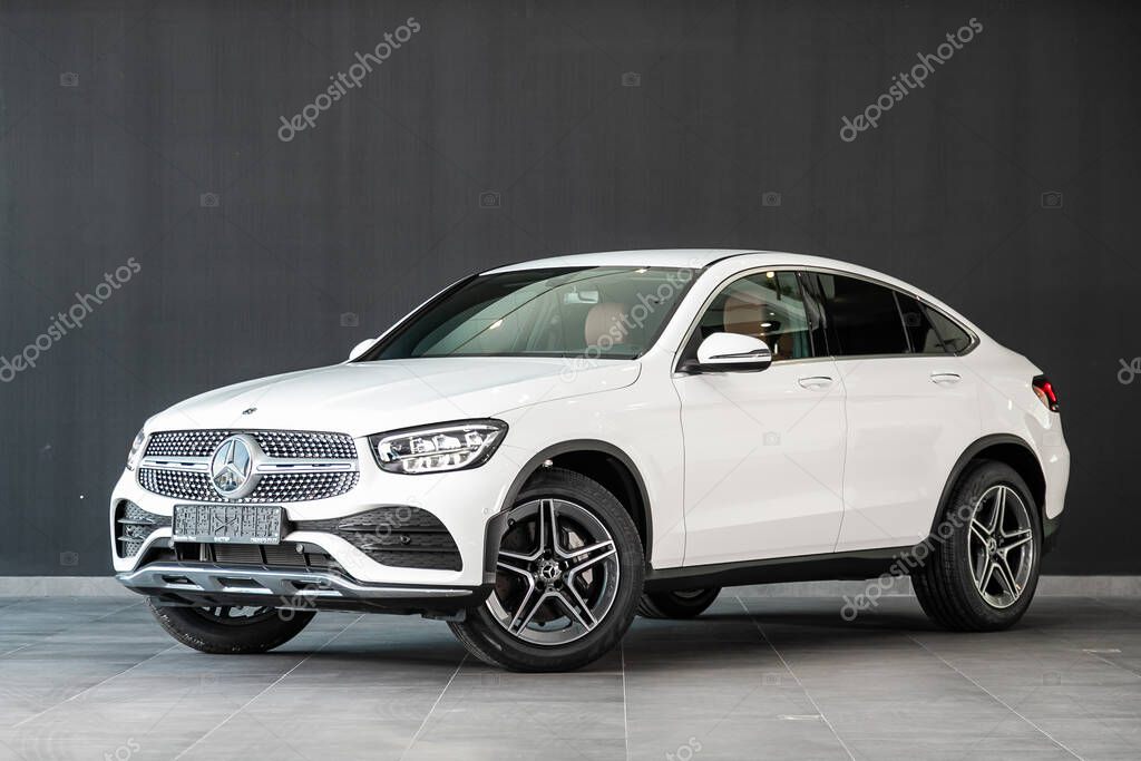 Novosibirsk, Russia  March 06, 2020:  new white Mercedes-Benz  GLC-Class,   front view.   Luxury  crossover made in Germany on a parking in Novosibirsk