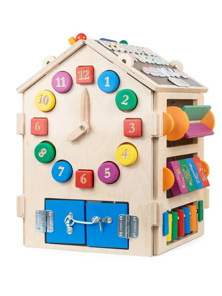 Wooden Busy Board House Educational Toy Children Babies White Isolated — Stock Photo, Image