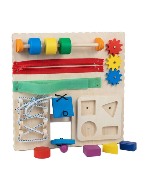 Giocattolo Legno Busybord Bambini Fino Anno Porte Multicolori Con Chiusura — Foto Stock