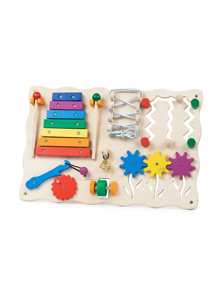 Brinquedo Madeira Busybord Para Crianças Até Ano Portas Multicoloridas Com — Fotografia de Stock