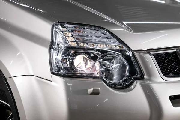 Silver Car Headlights Exterior Detail Close Detail One Led Headlights — 스톡 사진