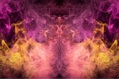 Siyah izole edilmiş arka planda pembe, turuncu ve sarı duman bulutu. Kafatası, canavar ya da ejderha şeklinde. Havalı tişörtler için mocap