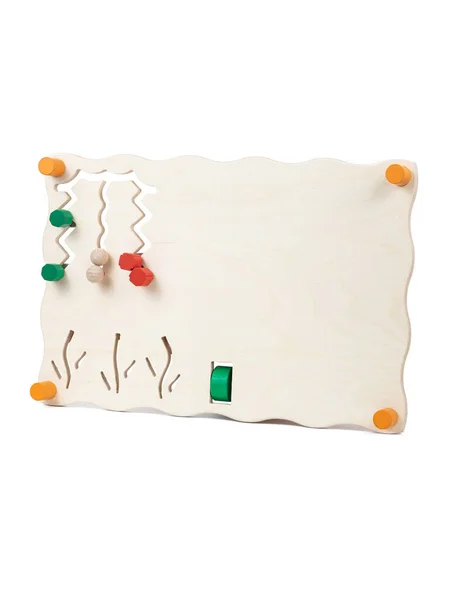 Wooden eco-friendly busy board - educational toy for children, babies on a white isolated background, consisting of multi-colored wooden puzzle pieces, maze, gear, sorter