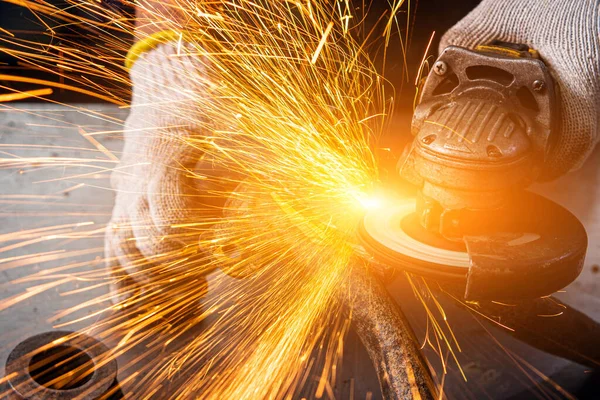 Young Man Welder Blue Gloves Grinder Metal Angle Grinder Workshop — Stock Photo, Image