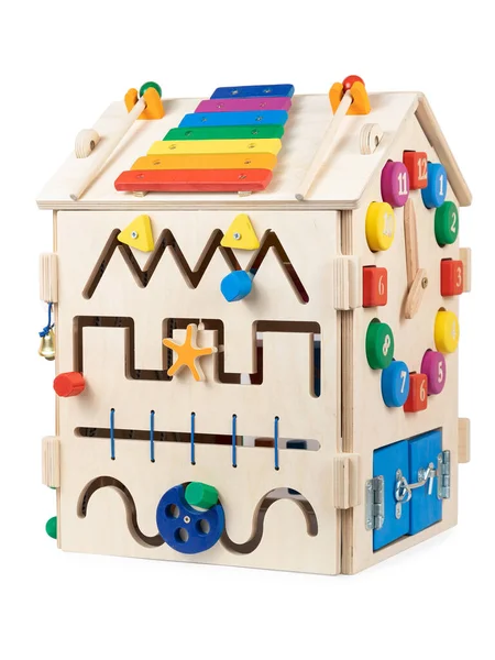 Drewniany Dom Busybord Zabawki Dla Małych Dzieci Roku Wielokolorowe Drzwi — Zdjęcie stockowe