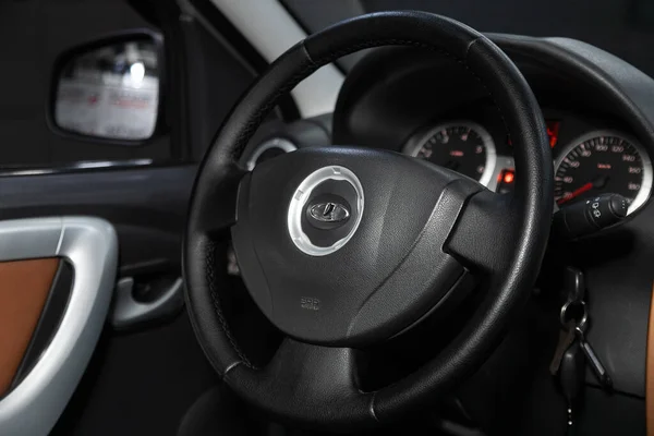 Novosibirsk Rusland Maart 2020 Lada Largus Zwarte Nieuwe Auto Interieur — Stockfoto