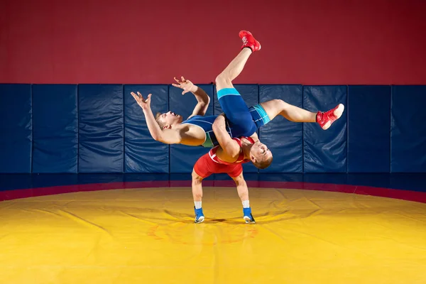 スポーツレスリングのタイツとレスリングの伝統的なギリシャ ローマのレスリングのマットでの戦いで2人の男性 レスラーは相手の胸を通して — ストック写真