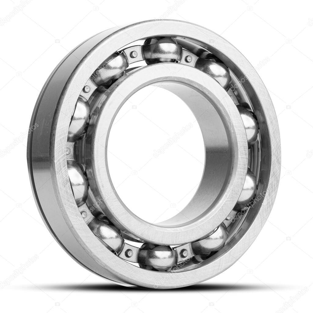 Metal silver ball bearing with balls on white  isolated background. Bearing industrial. Part of the car