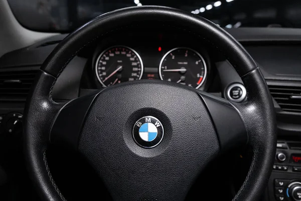 Novosibirsk Russia March 2020 Bmw Auto Interior Steering Wheel Logo — Stock Photo, Image