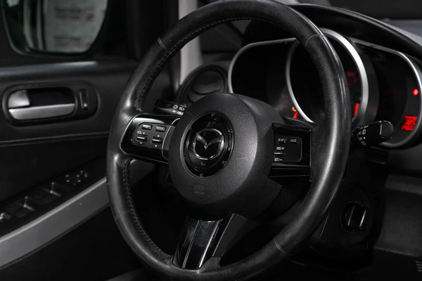 Novosibirsk Russia March 2020 Mazda Auto Interior Steering Wheel Logo — Stock Photo, Image