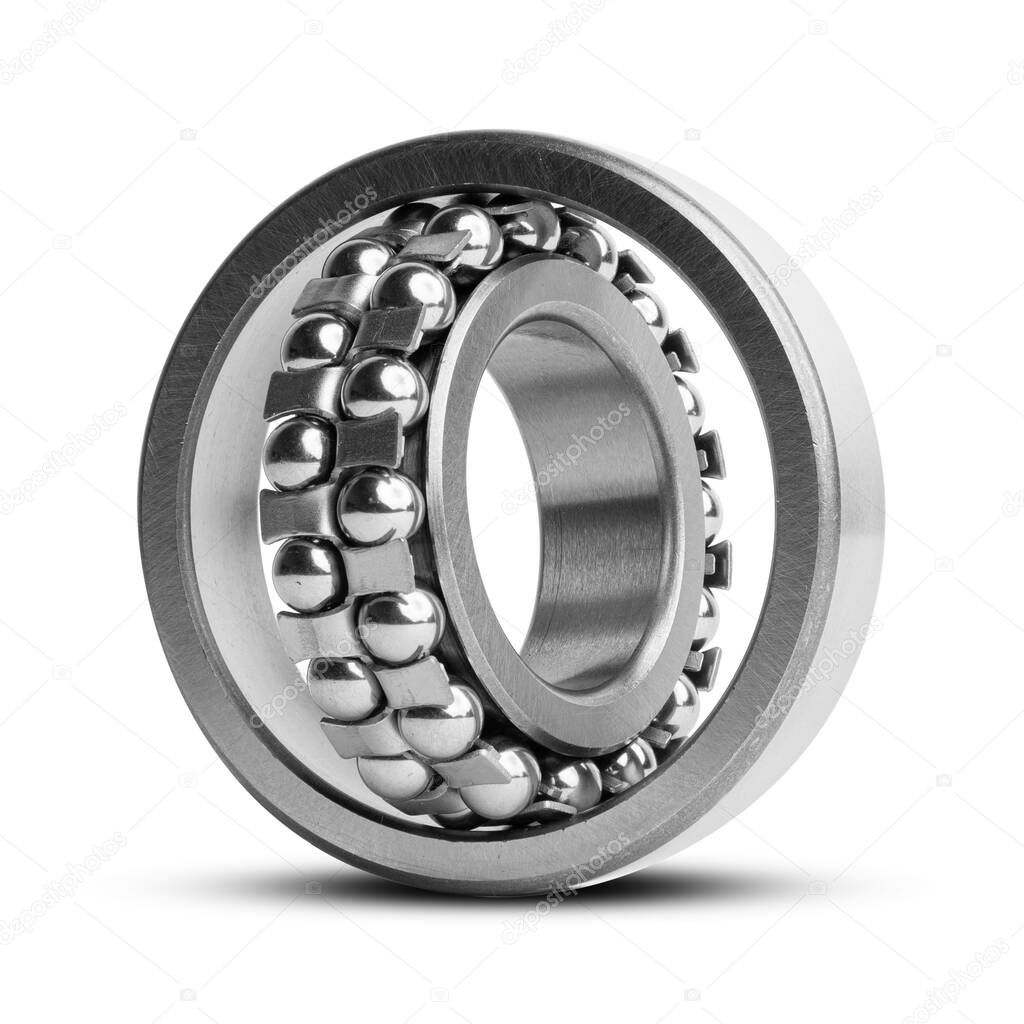 Metal ball bearing with balls on white  isolated background. Bearing industrial. Part of the car