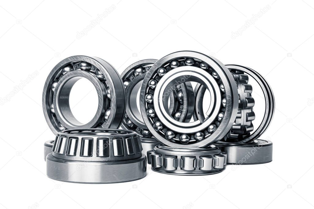 Set of various  roller bearing on white background isolated. Metal  autotechnology background.  Part of the car