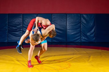 Mavi ve kırmızı güreş taytı giymiş iki güçlü güreşçi güreşiyor ve spor salonundaki sarı bir güreş halısında kalça atışı yapıyorlar. Kavgacı genç adam..