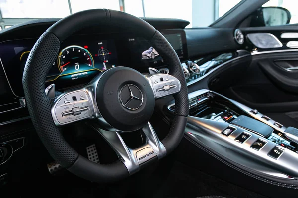 Novosibirsk Russia April 2020 Mercedes Amg Close Dashboard Monitor Steering — Stock Photo, Image