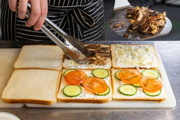 Process Making Sandwich Professional Kitchen Cafe Chef Black Apron Puts — Stock Photo, Image