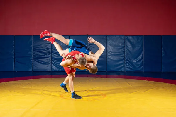 레슬링이라는 파란색 유니폼을 레슬링을 그리스 체육관에서 노란색 레슬링 카펫에서 레슬링을 — 스톡 사진