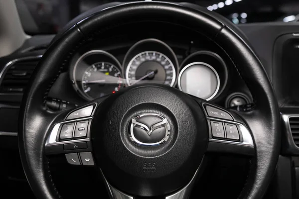 Novosibirsk Russia 2020 Mazda Car Interior Dashboard Player Steering Wheel — 스톡 사진