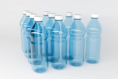 1,5 litre büyüklüğünde şeffaf plastik şişelerin 3 boyutlu modeli. Şişeler, beyaz izole bir zemin üzerinde simetrik olarak simetrik bir şekilde dururlar.
