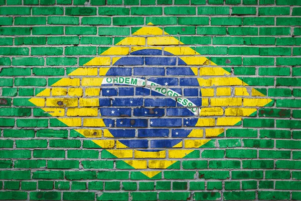 Nationale Vlag Van Brazilië Afgebeeld Verf Kleuren Een Oude Bakstenen — Stockfoto