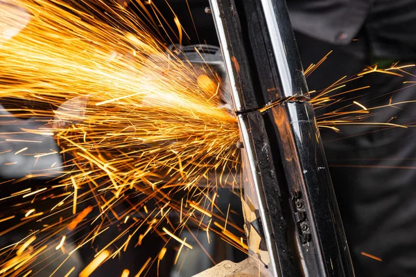 Close Sides Fly Bright Sparks Angle Grinder Machine Young Male — Stock Photo, Image