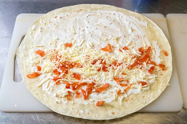 Cook Shawarma Step Step Large Pita Bread Spread Mayonnaise Cheese — Stock Photo, Image