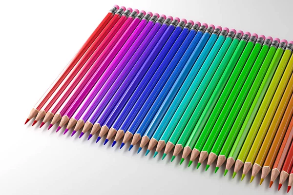 Rendering Set Beautiful Even Rainbow Colored Pencils White Isolated Background — Stock Photo, Image
