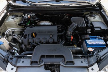 Novosibirsk/ Russia  May 03 2020: Hyundai Elantra,Car engine close-up. Internal combustion engine, car parts, deteyling clipart