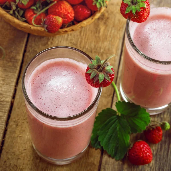 Milkshake Căpșuni Sănătos Masă Rustică Bauturi Delicioase Pentru Stil Viata — Fotografie, imagine de stoc