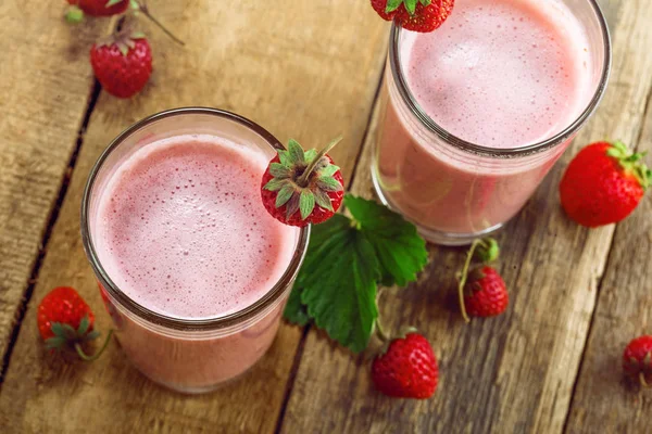 Strawberry Milkshake Table Healthy Breakfast Fruit Drink Healthy Lifestyle Top — Stock Photo, Image
