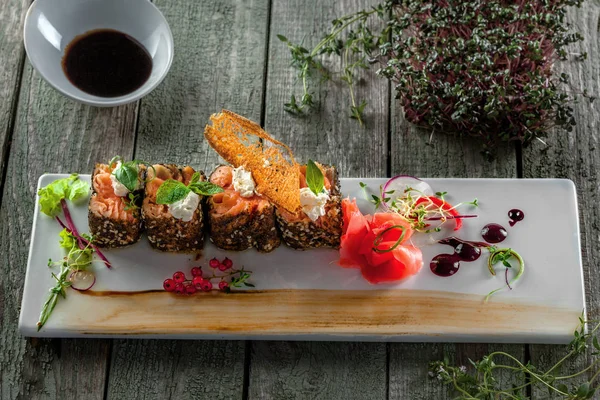 Traditional Healthy Japanese Meal Sashimi Made Salmon Fish Square Plate — Stock Photo, Image