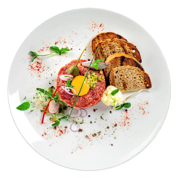 Gourmet Tartare Toasted Bread Salad Plate Delicious Healthy French Cuisine — Stock Photo, Image