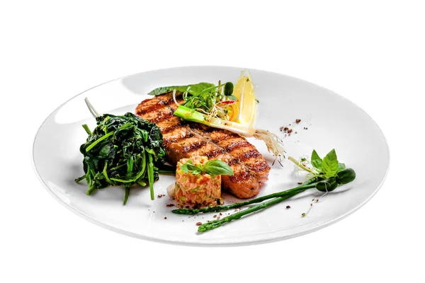 Delicious Grilled Salmon Fish Steak Vegetable Salad Healthy Meal Made — Stock Photo, Image