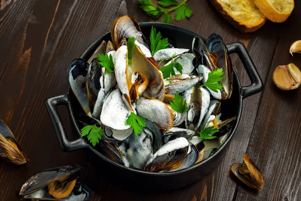 Classic French Mussels Cooked Normande Cream Sauce Top View Close Royalty Free Stock Photos