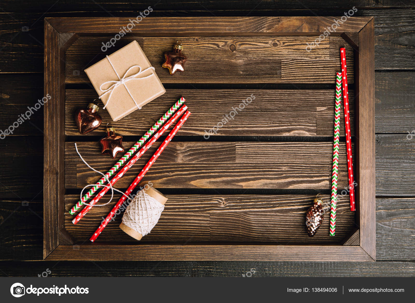 Brown Wooden Tray With Christmas Decorations Stock Photo C Sun Apple 138494006
