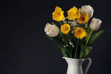 Taze sarı nergis buketi ve siyah masadaki vazoda beyaz laleler. İlkbahar hala hayat konsepti.